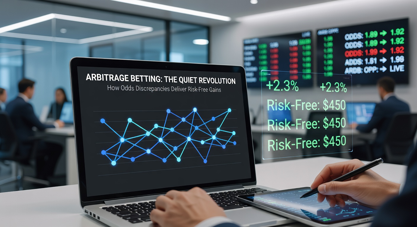 Digital dashboard displaying arbitrage betting opportunities with odds from multiple bookmakers highlighted in green for profitable arbs