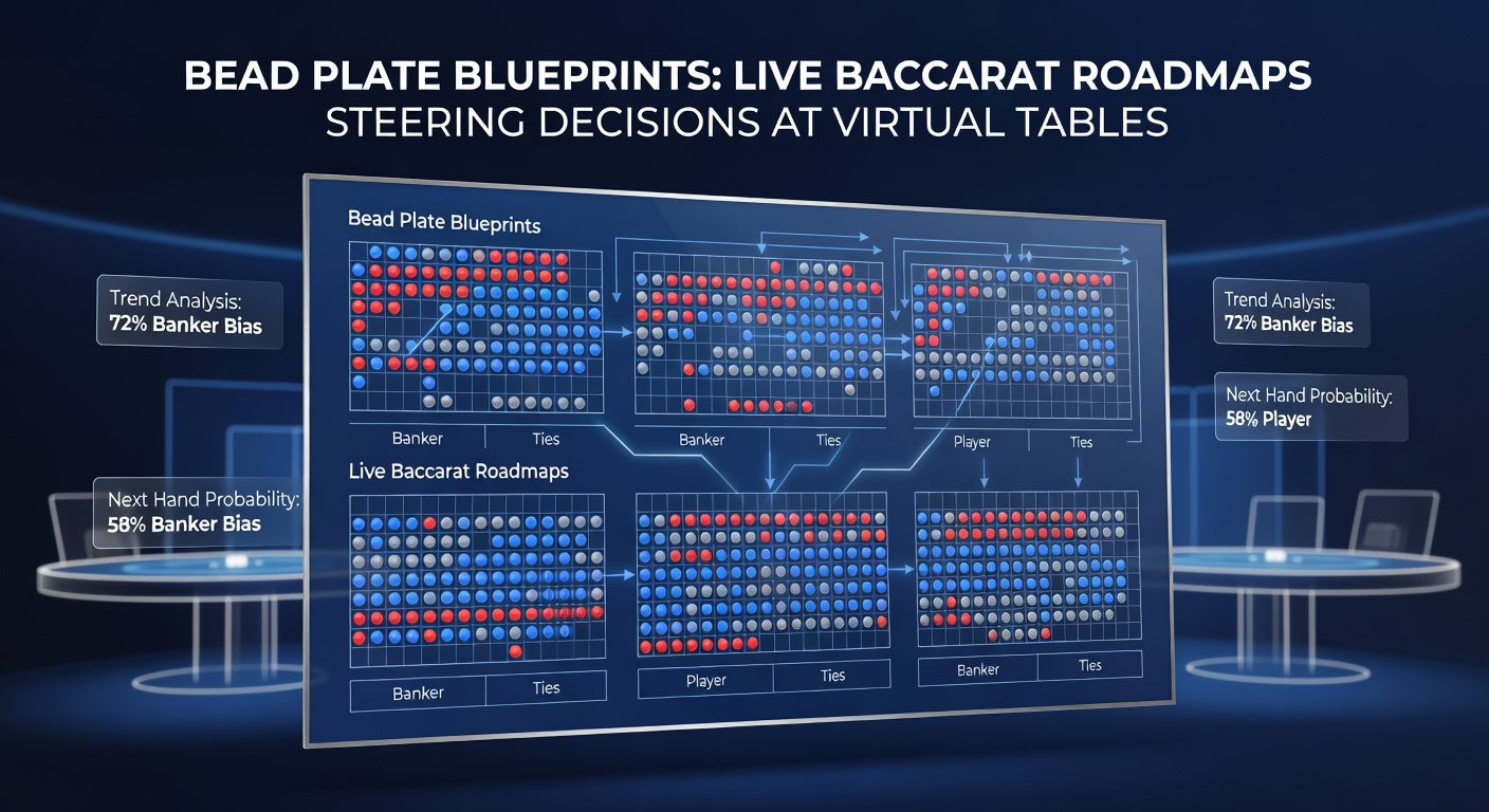 Split-screen view of live baccarat interfaces: one showing a dense Big Road with long Banker streaks, the other a bead plate grid filling with blue Player circles amid choppy Ties