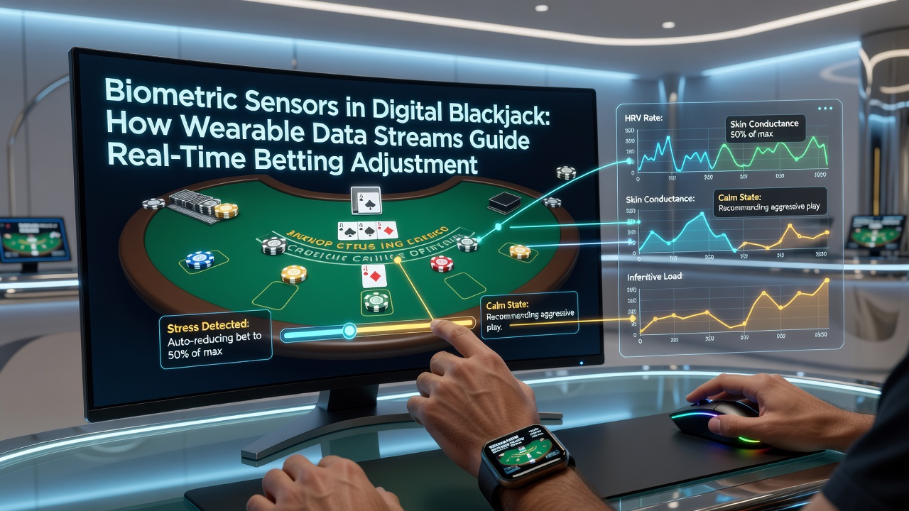Live dealer blackjack table with overlaid biometric feedback indicators on player screens