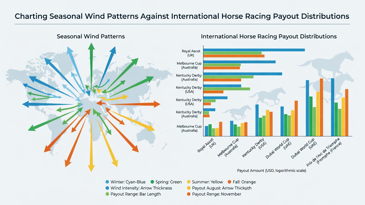 Infographic showing wind rose diagrams paired with payout distribution histograms from key racing jurisdictions