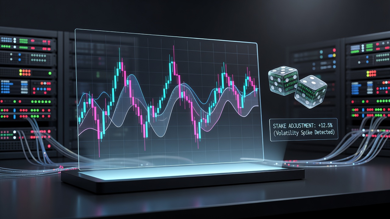 Live blockchain dice interface displaying real-time stake adjustments linked to cryptocurrency price volatility indicators