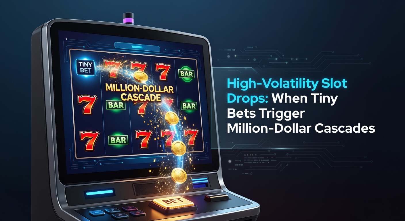 Vibrant slot machine screen flashing a seven-figure jackpot payout triggered by a modest 10-cent spin, lights exploding in celebration