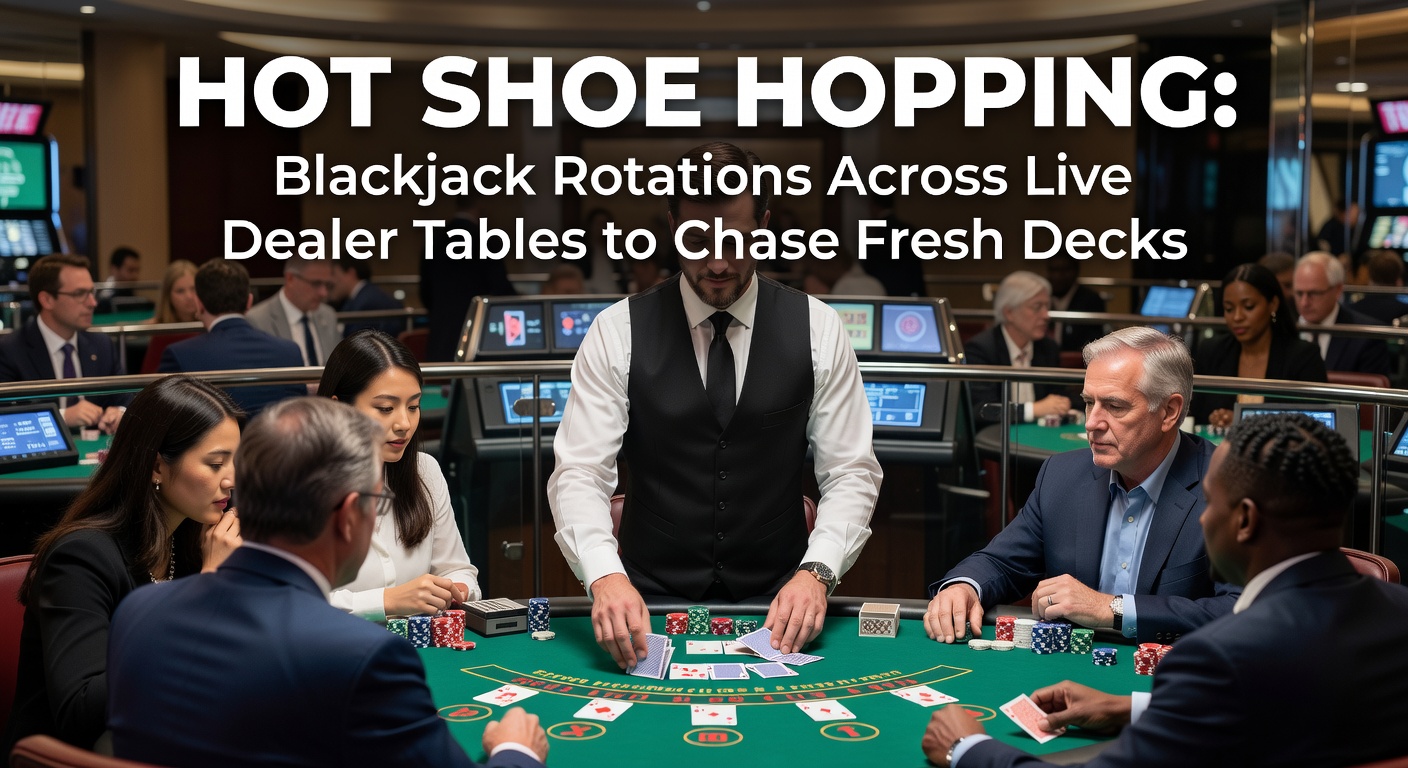 Live dealer blackjack table with a fresh shoe of decks ready for play, dealers shuffling cards under studio lights