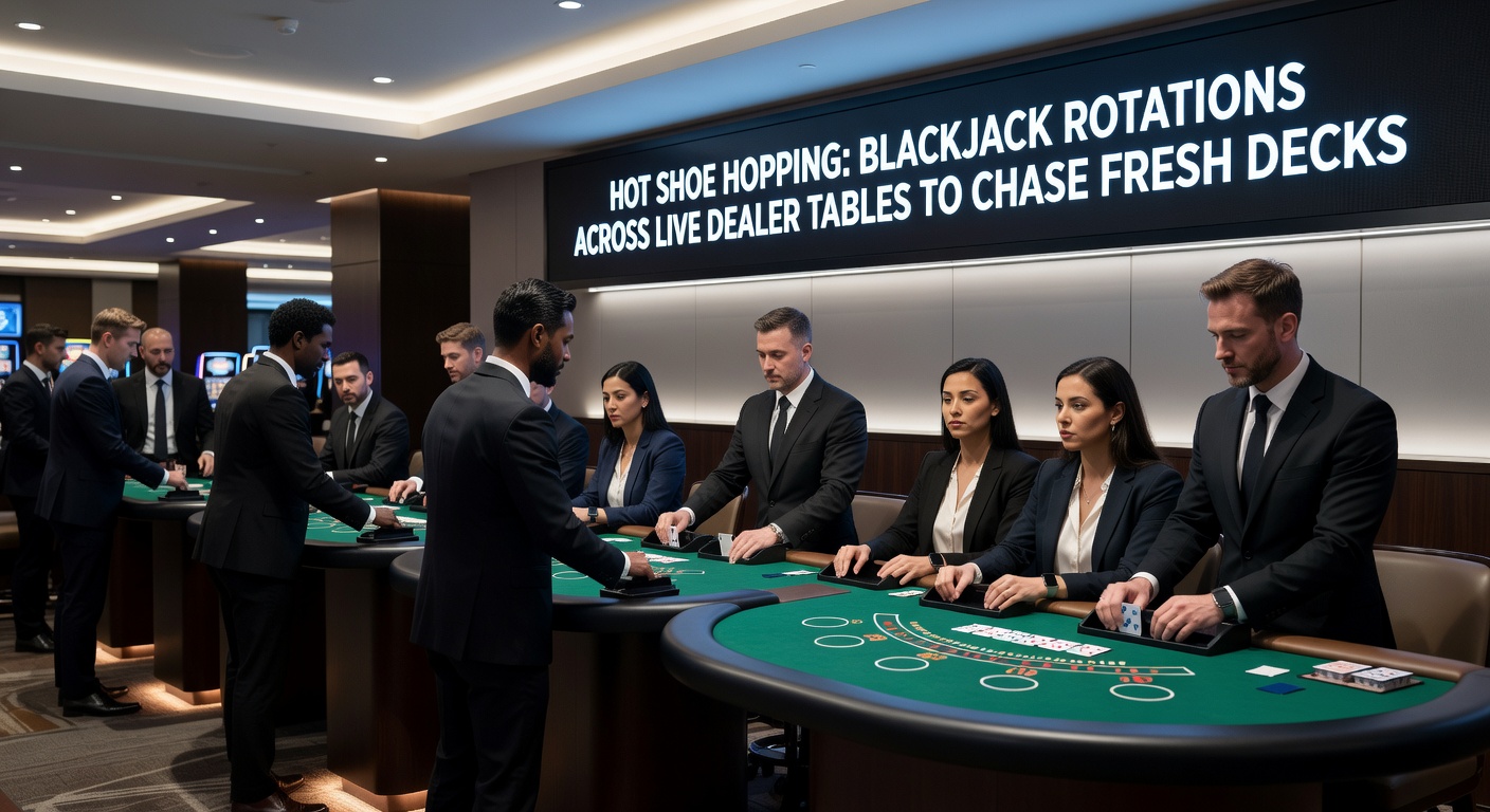Player interface showing multiple live blackjack tables open, with shoe progress indicators highlighting a fresh deck on one screen amid rotations
