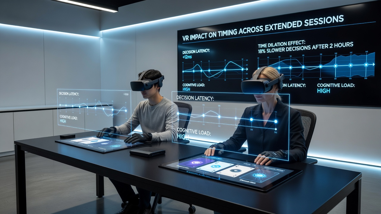 Split view of VR card table showing synchronized clocks from three different time zones alongside player avatar positions