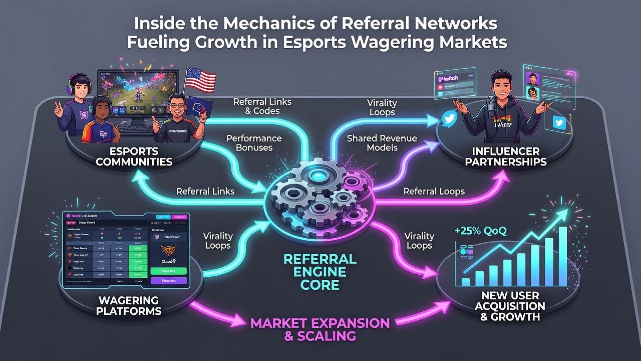 Chart displaying monthly growth metrics in esports betting volumes attributed to referral program participation across multiple regions