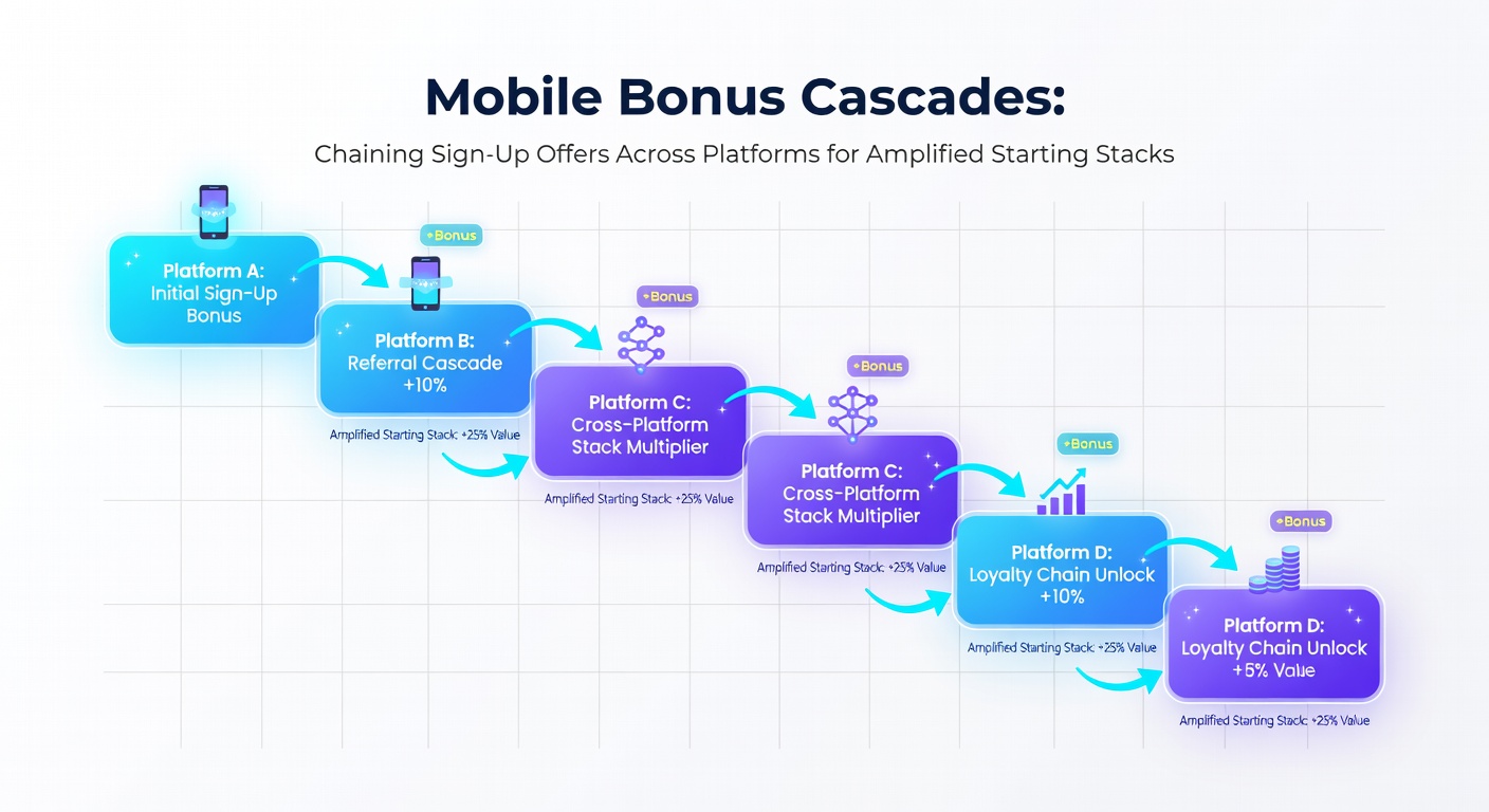 Infographic showing a chain of mobile poker apps with bonus arrows linking deposits to stacked chip towers on a phone interface