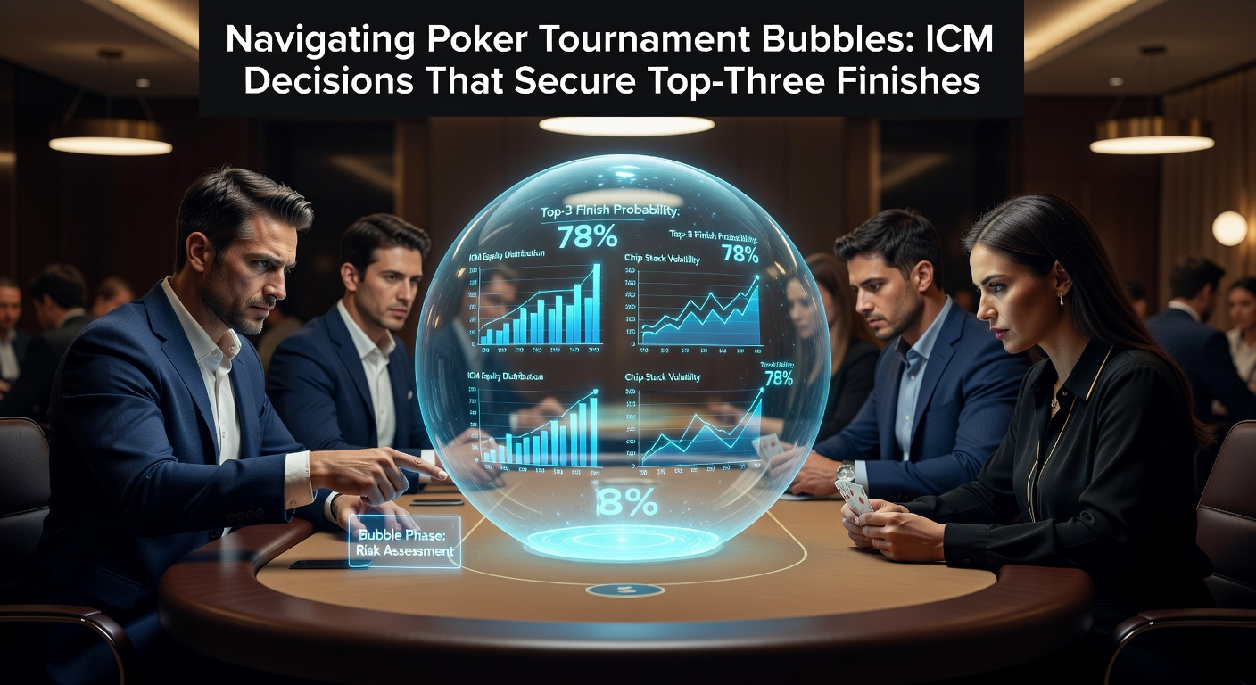 Poker players at a tense tournament bubble, stacks varying as the pay jump looms