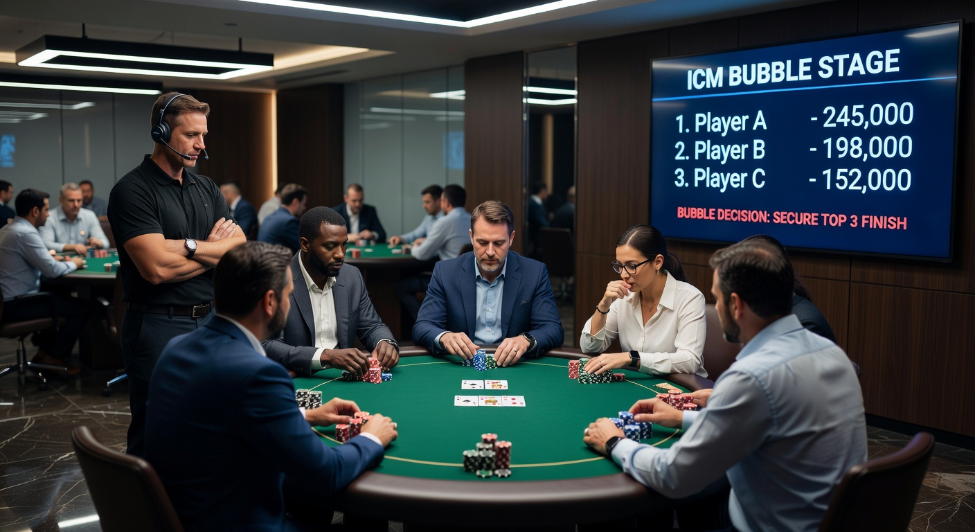 ICM calculator screenshot displaying stack distributions and payout implications during a tournament bubble