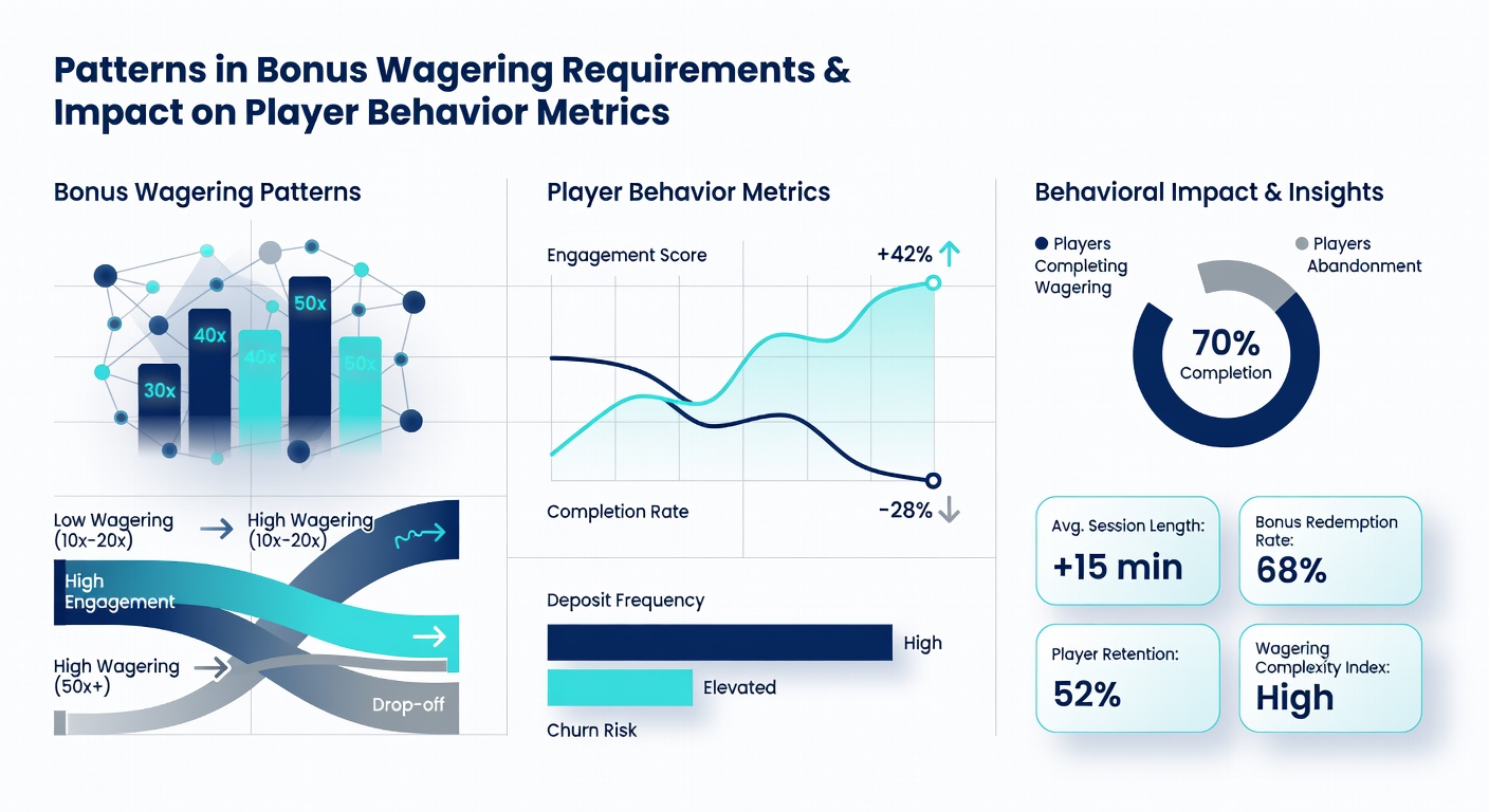 Chart displaying player behavior metrics including deposit intervals and session completion rates under varying wagering conditions