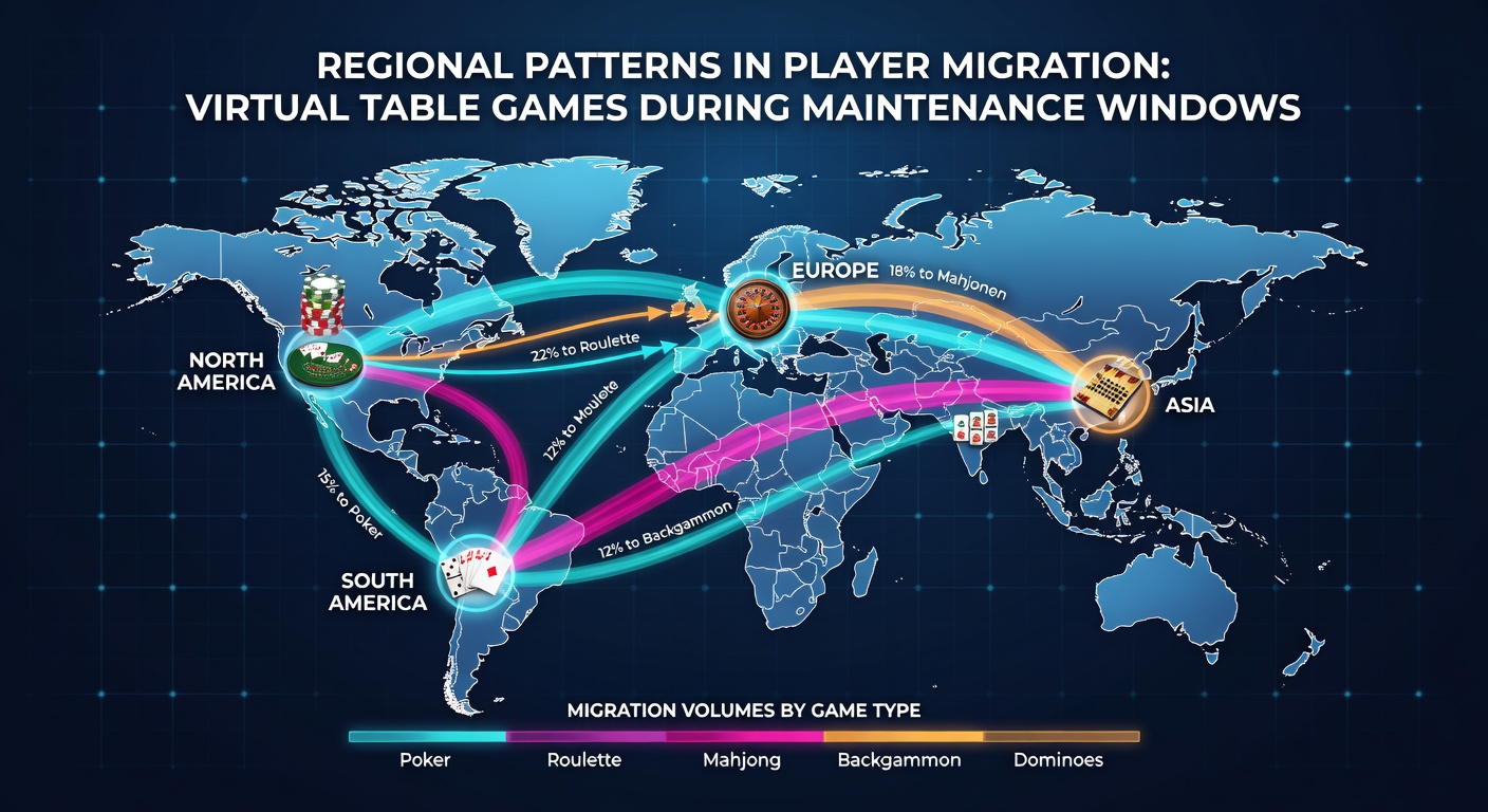 Illustration of players shifting between virtual table game platforms during scheduled maintenance periods across different regions