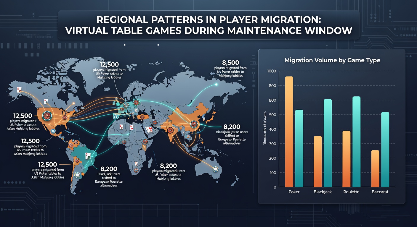 Map showing directional flows of virtual table game players between North America, Europe, and Asia-Pacific regions during maintenance windows