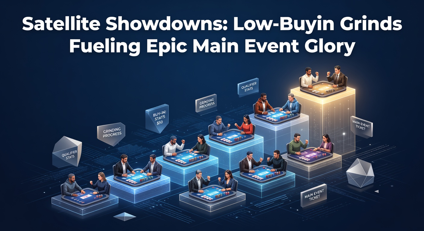 Players huddled around poker tables during a tense satellite tournament, chips stacked high as the bubble approaches