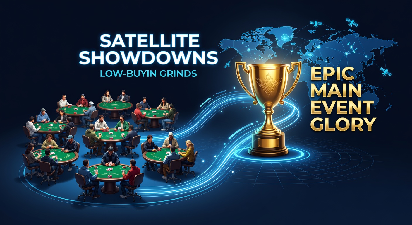 A triumphant satellite winner holding up a main event seat ticket, surrounded by cheering players at a bustling poker room