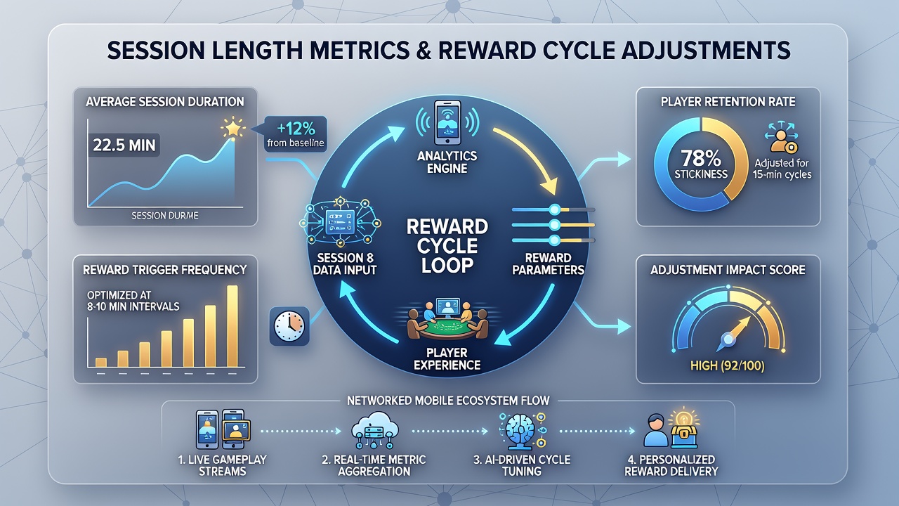 Data visualization dashboard displaying session length distributions and corresponding reward cycle adjustments for mobile table games