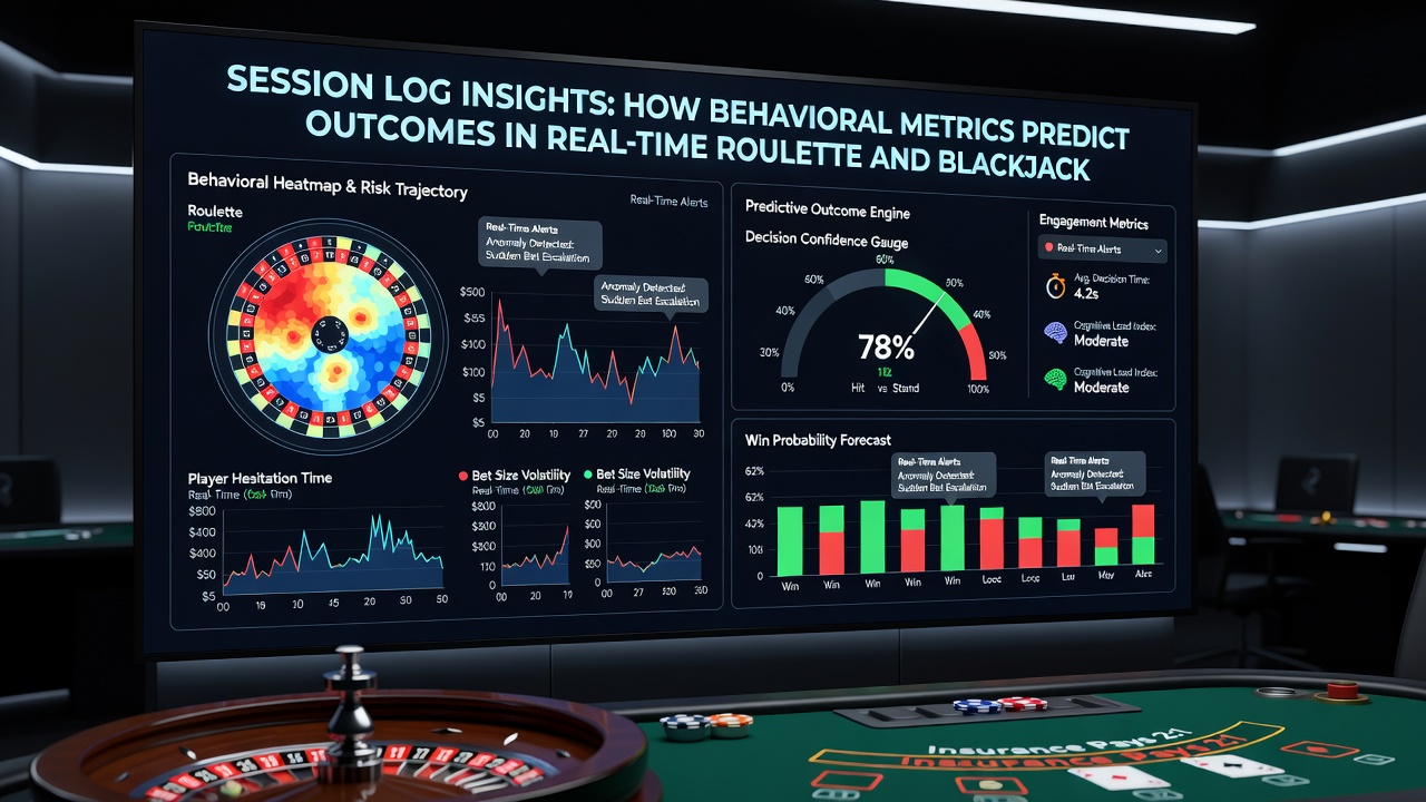 Data visualization dashboard displaying session log metrics for roulette and blackjack player behavior