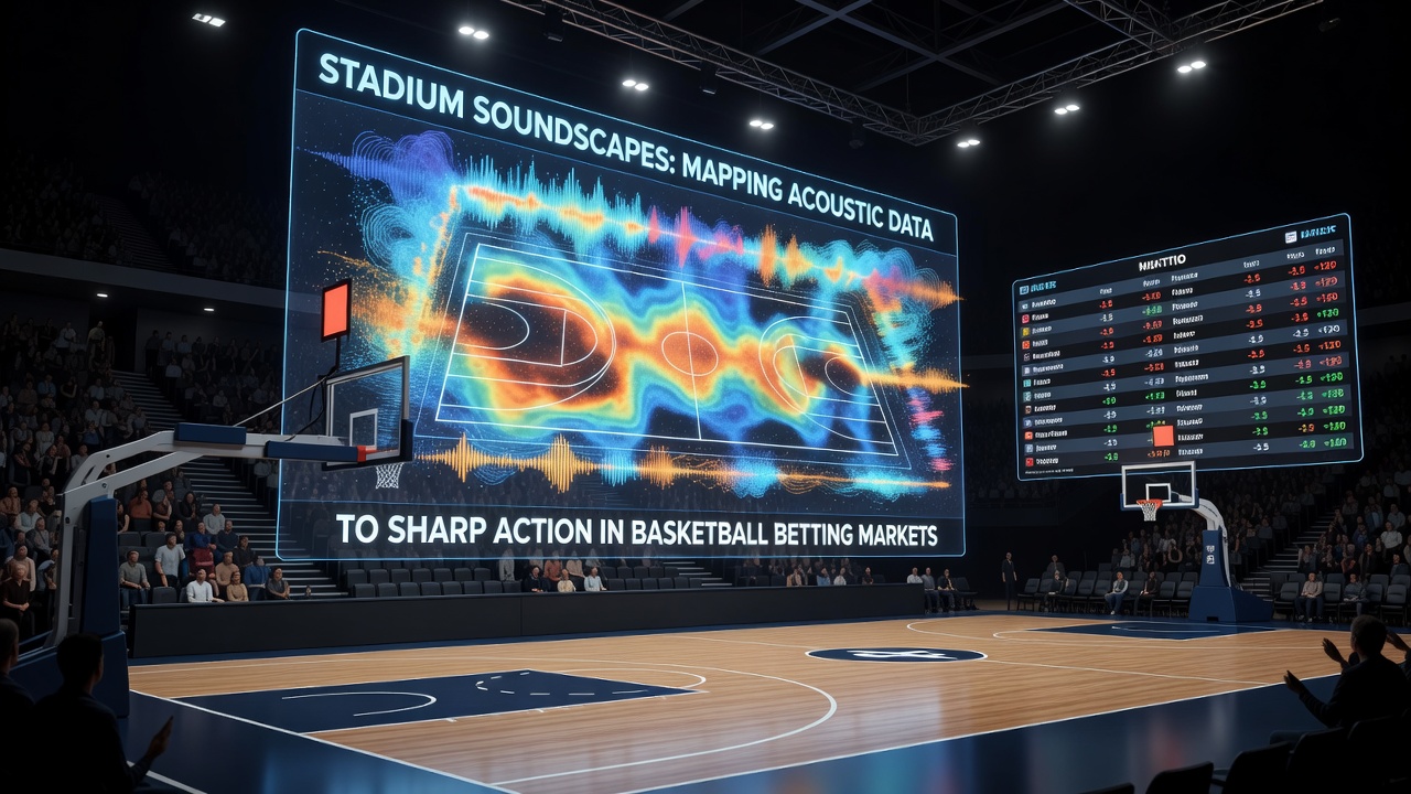 Data analysts reviewing acoustic graphs overlaid on basketball court footage