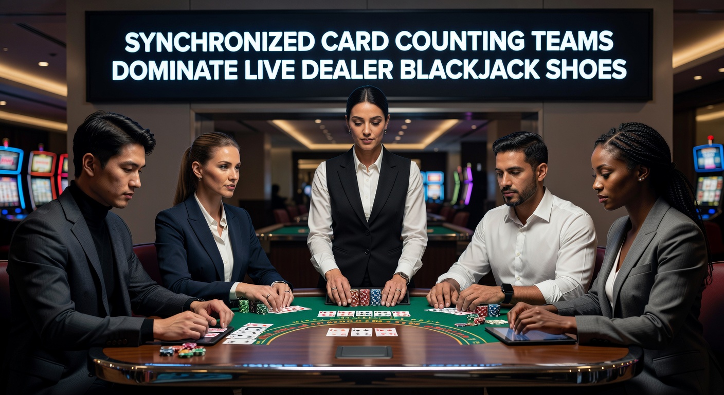 Close-up of a live dealer blackjack shoe with visible card tracking overlays and team communication interfaces on screens