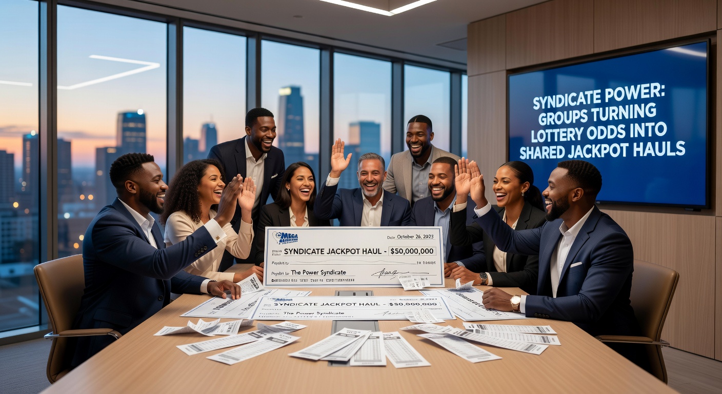 A diverse group of people gathered around a table, excitedly reviewing lottery tickets and sharing celebratory high-fives after a big win, symbolizing the collaborative spirit of syndicates