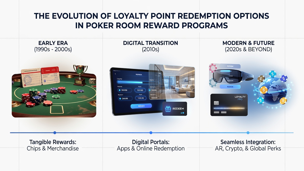 Modern poker loyalty app interface showing diverse redemption categories including tournament entries, travel packages, and merchandise selections