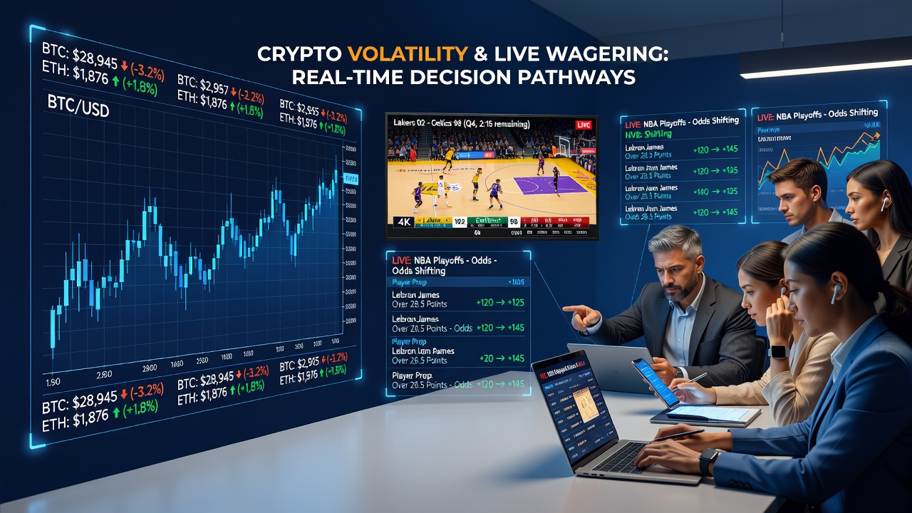Close-up of a trader reviewing cryptocurrency market data while placing live bets on a tablet during a basketball game