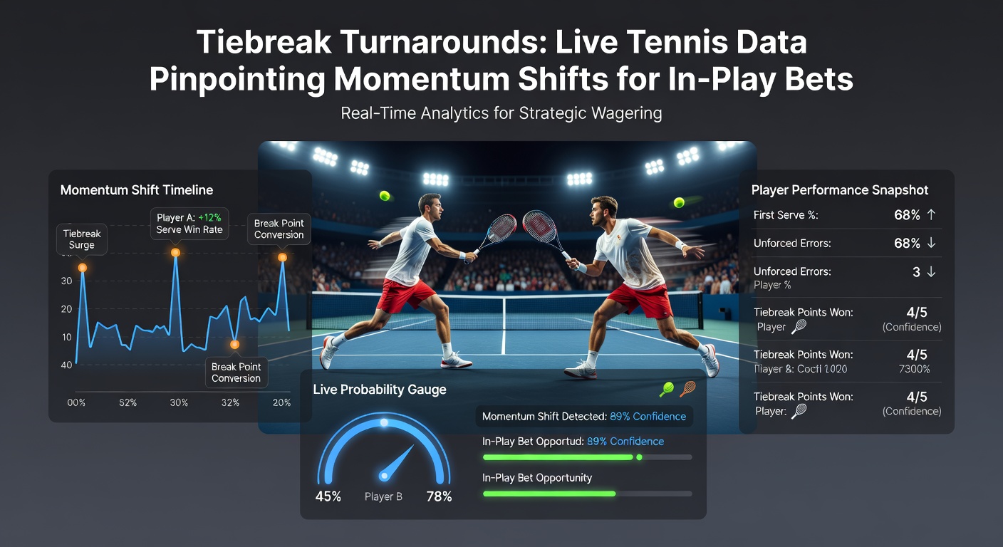 Live tennis dashboard displaying real-time tiebreak stats, including momentum indicators and betting odds fluctuations during a WTA match