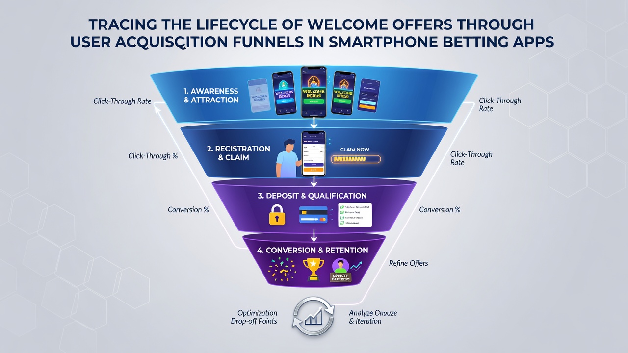 Analytics dashboard tracking welcome offer conversion rates through mobile betting funnels